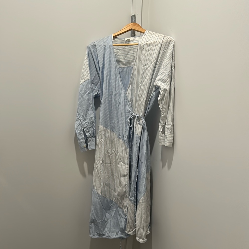 COS blue&white stripe asymmetrical pattern shirt wrap dress